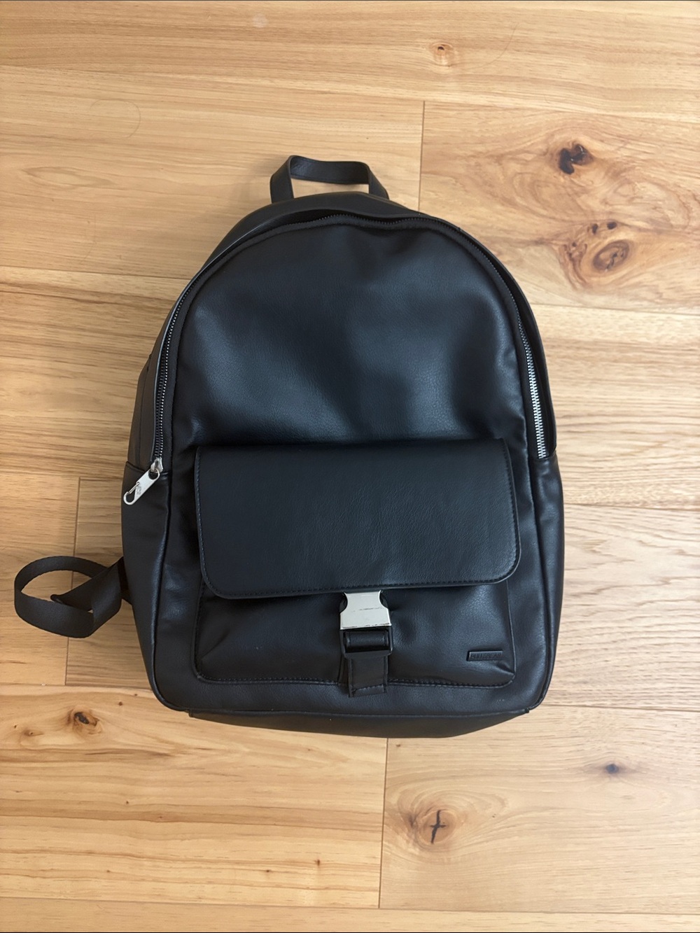 Pull&Bear Black Faux Leather Backpack with Front Flap